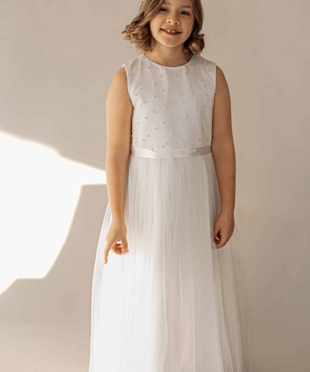 Kommunionkleid in ivory mit Perlenoberteil
